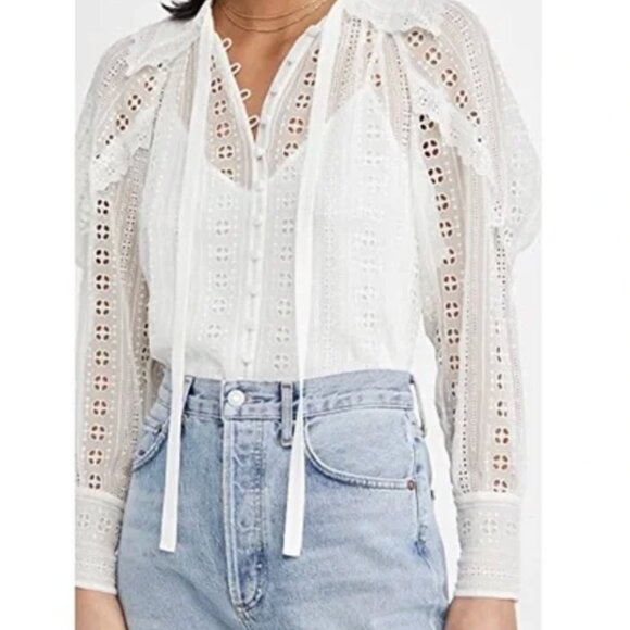 Rebecca Taylor Geo Eyelet Silk Blouse, Cream, XS - Picture 2 of 12